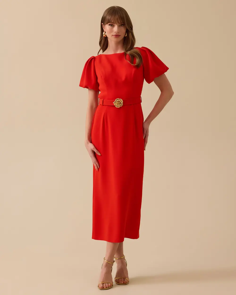 Balon Kollu Yırtmaçlı Krep Şık Elbise