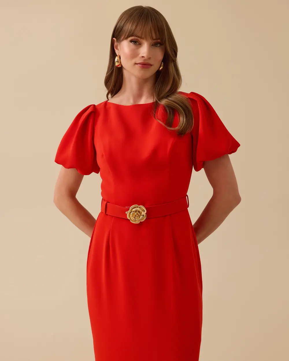 Balon Kollu Yırtmaçlı Krep Şık Elbise