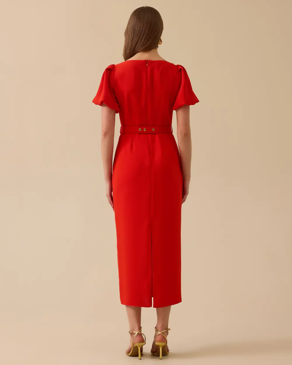 Balon Kollu Yırtmaçlı Krep Şık Elbise