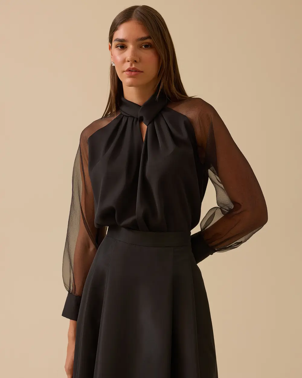 Transparan Kollu Şık Saten Bluz