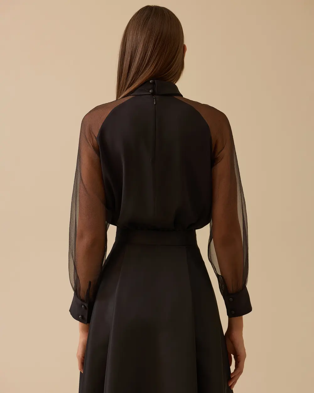 Transparan Kollu Şık Saten Bluz