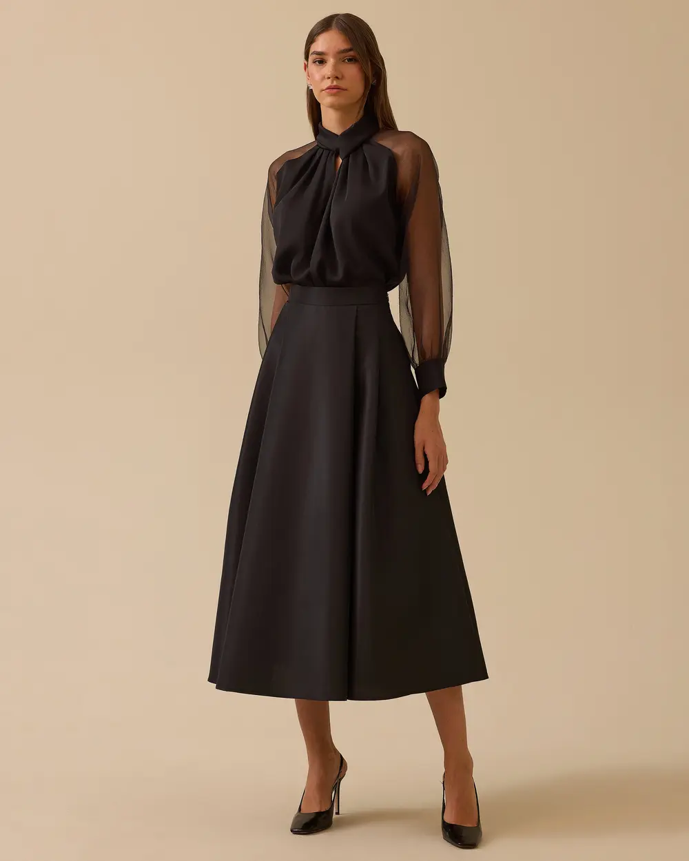 Tafta Kumaş Yüksek Bel Şık Kloş Etek