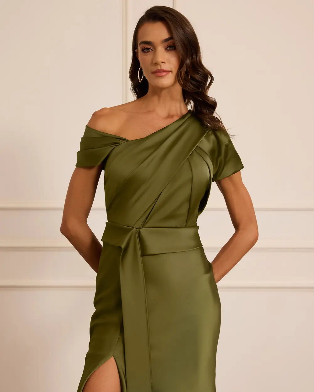 Asymmetric Neckline Satin Evening Dress with Slits
