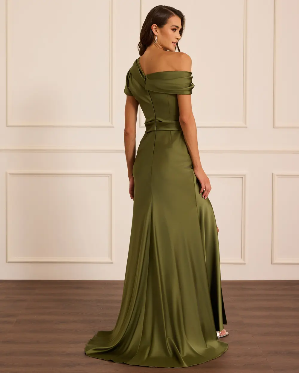 Asymmetric Neckline Satin Evening Dress with Slits