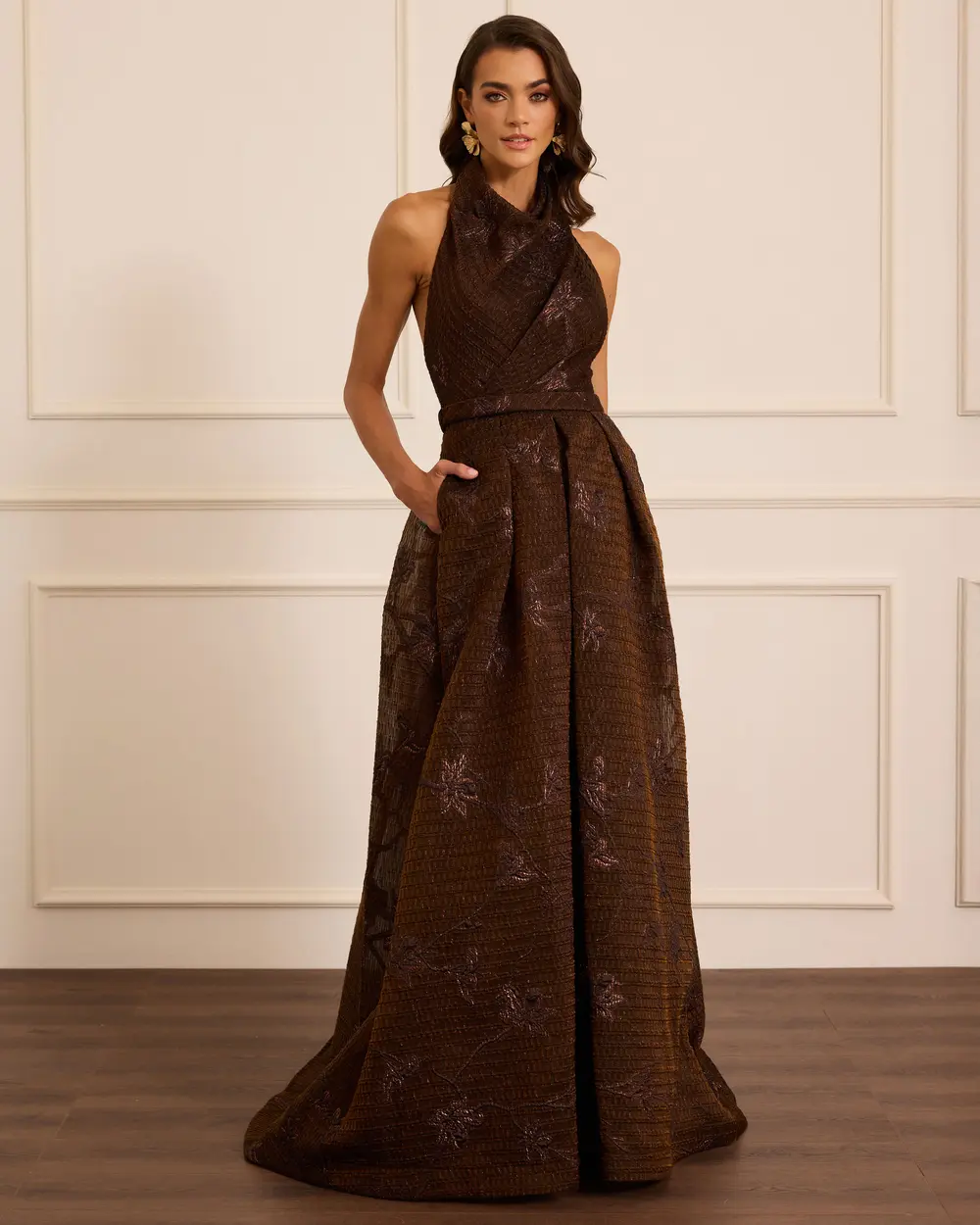 Degaje Yaka Desenli Kolsuz Abiye