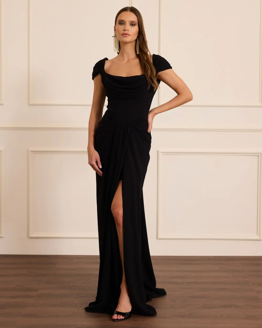 Korsajlı Drapeli Krep Abiye