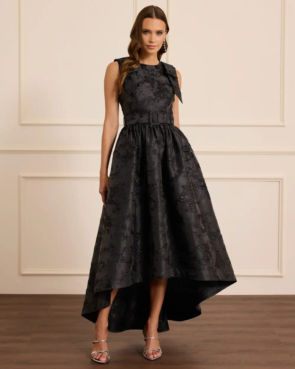 Patterned Belt Detailed Jacquard Evening Dress