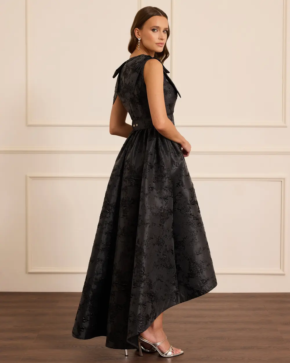 Patterned Belt Detailed Jacquard Evening Dress