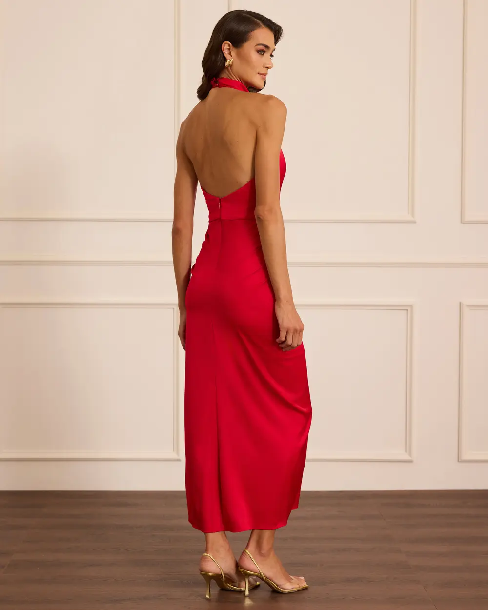 Degaje Collar Draped Satin Evening Dress