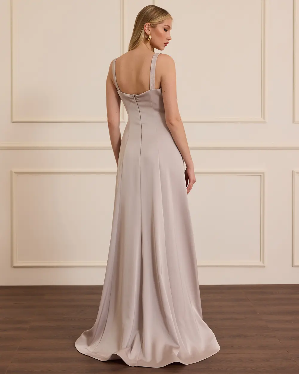 Strappy Heart Neck Satin Evening Dress