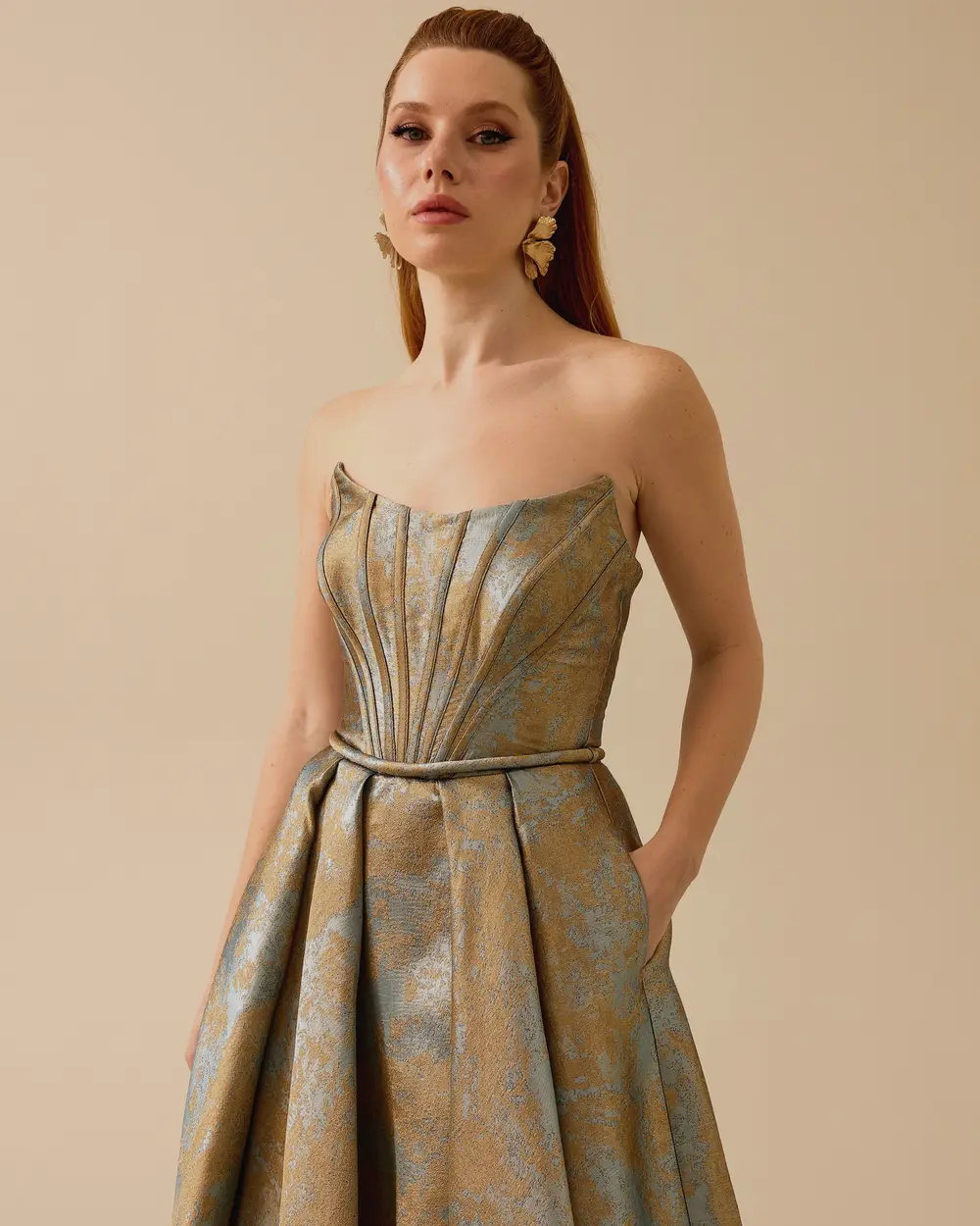Jacquard Evening Dress with Corsage Pattern