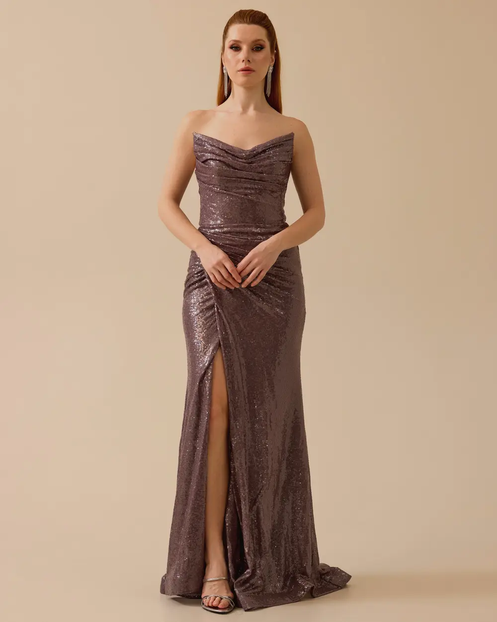 Payetli Balık Form Yırtmaçlı Abiye