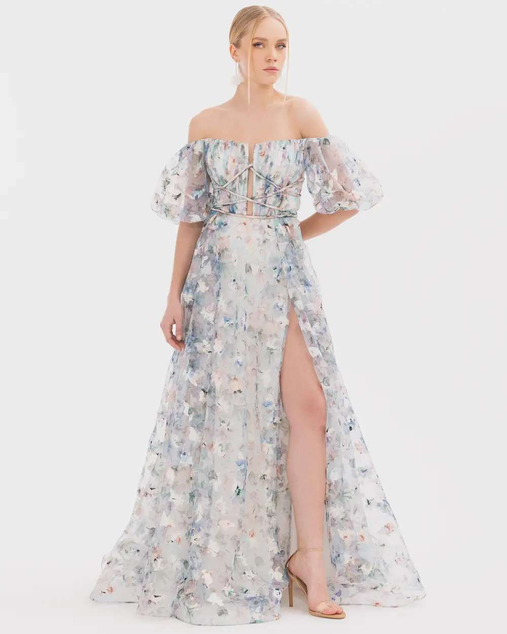 Çiçek Desenli Yırtmaçlı Balon Kollu Abiye