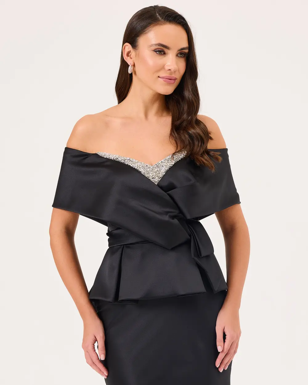 Open Shoulder Satin Evening Dress with Stone Detail
