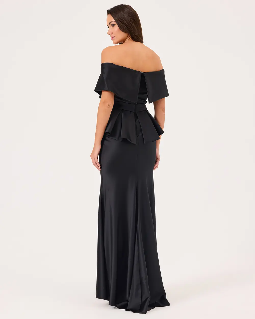 Open Shoulder Satin Evening Dress with Stone Detail