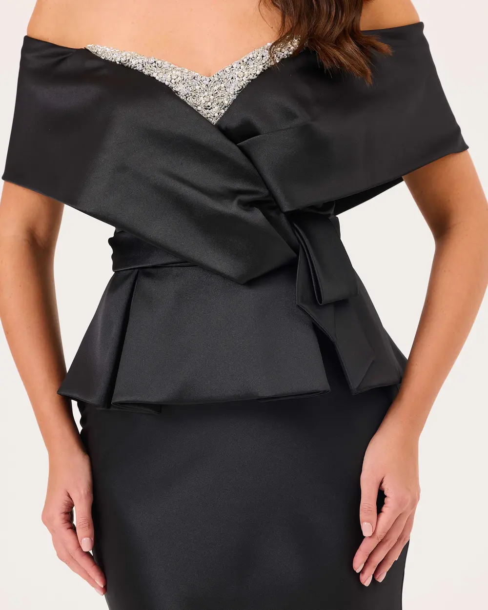 Open Shoulder Satin Evening Dress with Stone Detail