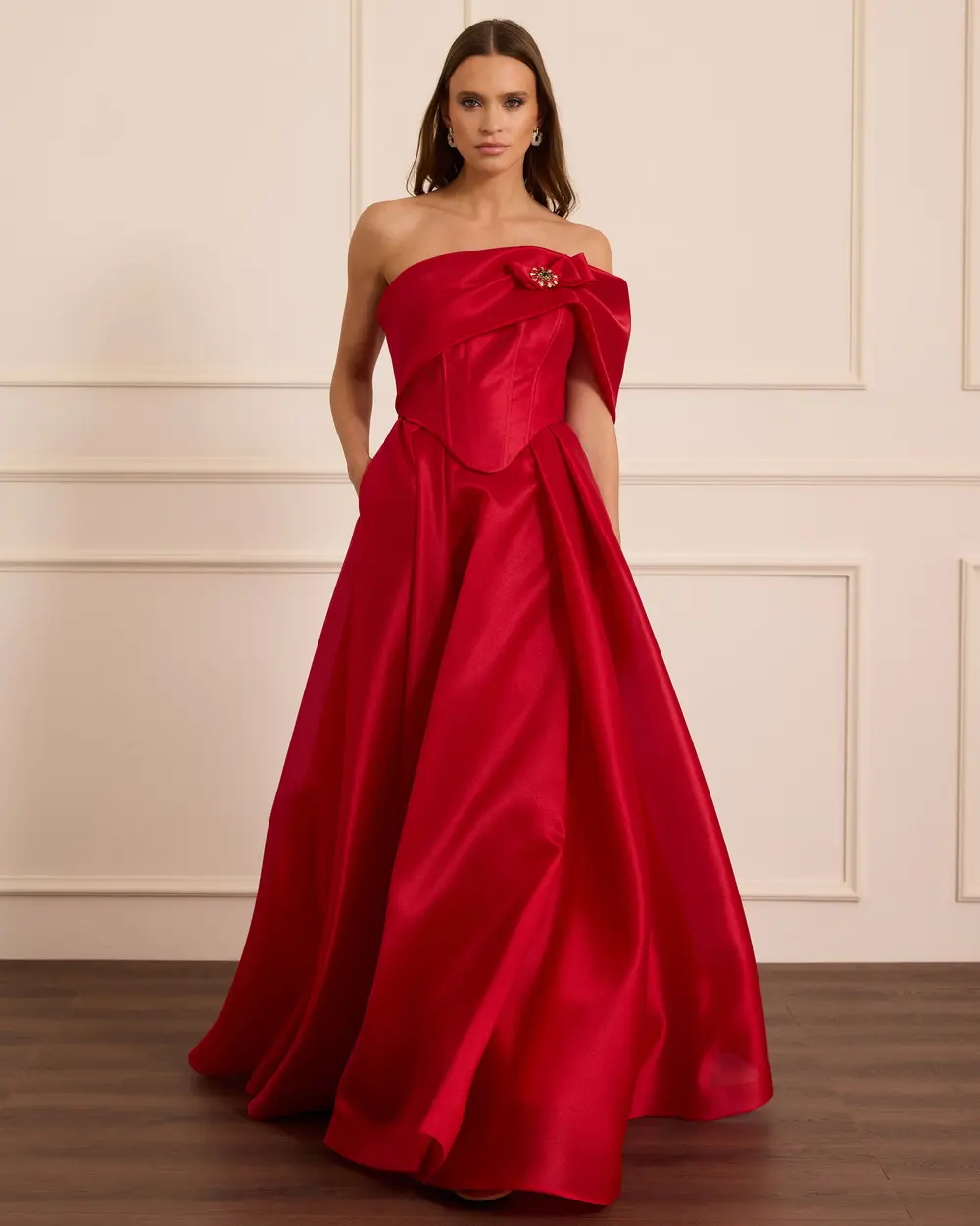 Korsajlı Taş Aksesuarlı Saten Elbise