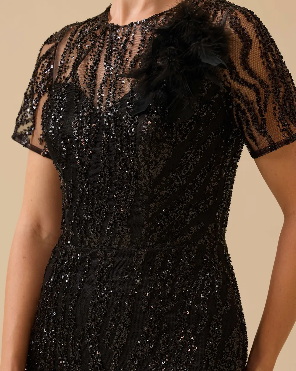 Feather Detailed Short Sleeve Slim Fit Evening Dresses