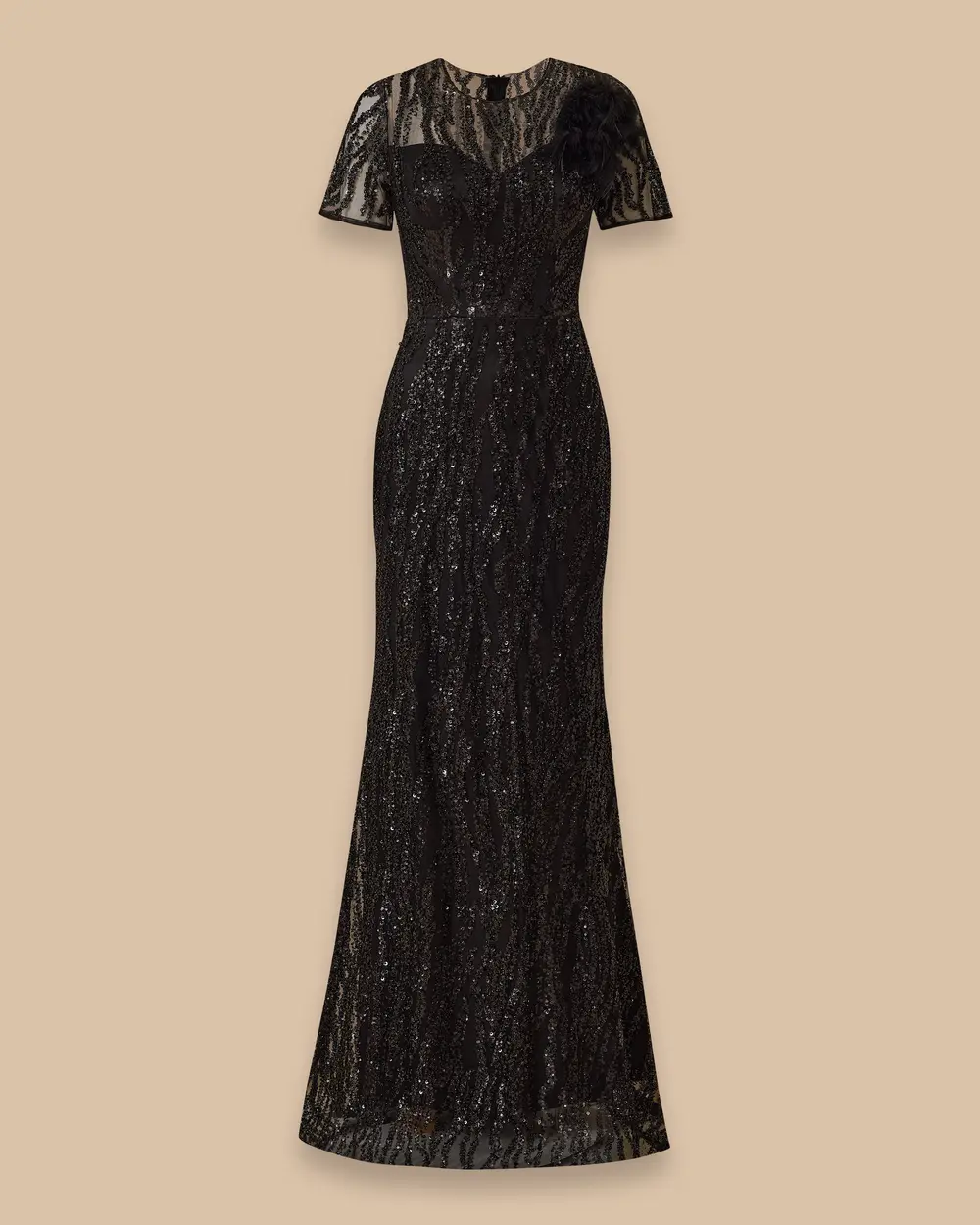 Feather Detailed Short Sleeve Slim Fit Evening Dresses