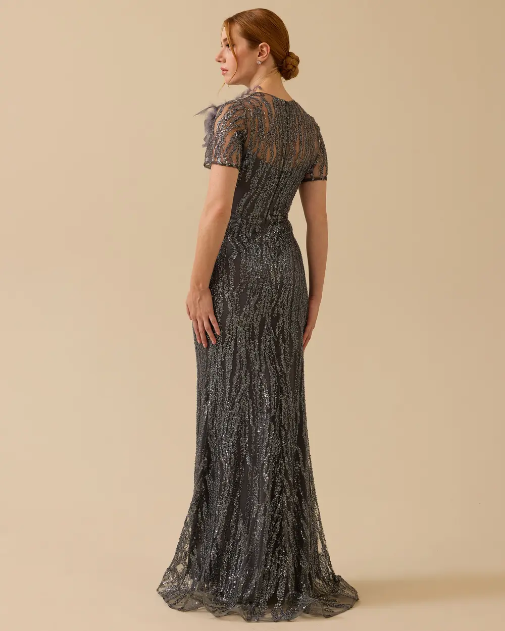 Feather Detailed Short Sleeve Slim Fit Evening Dresses