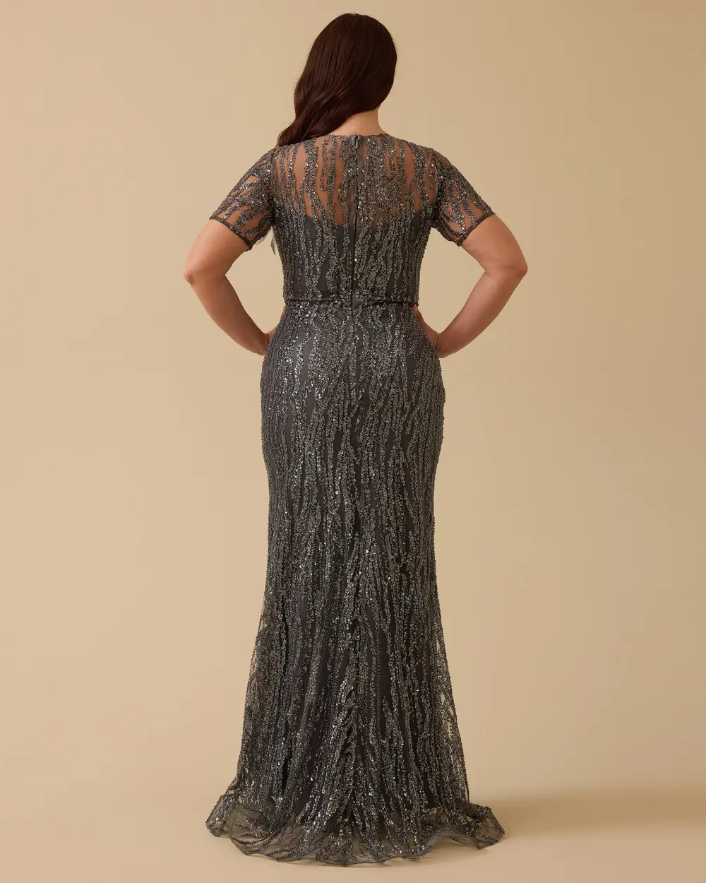 Feather Detailed Short Sleeve Slim Fit Evening Dresses