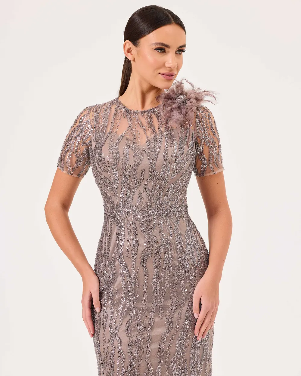 Feather Detailed Short Sleeve Slim Fit Evening Dresses