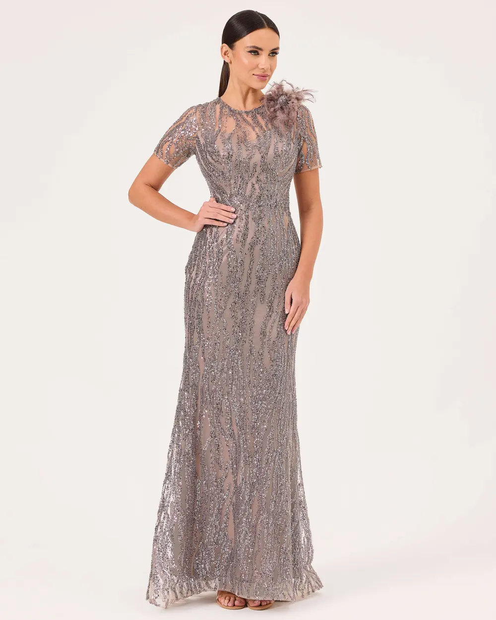 Feather Detailed Short Sleeve Slim Fit Evening Dresses