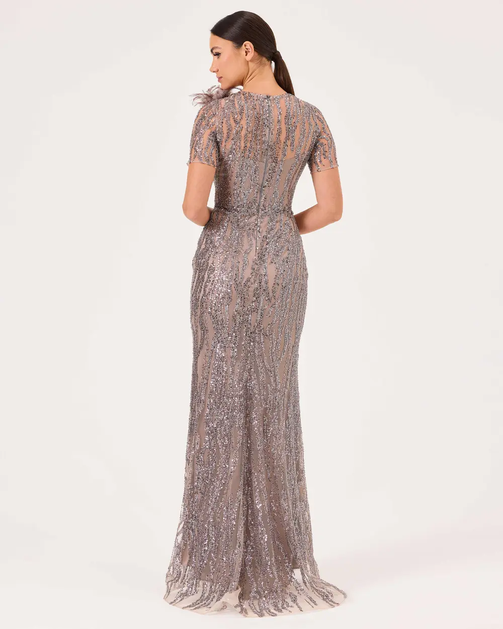 Feather Detailed Short Sleeve Slim Fit Evening Dresses