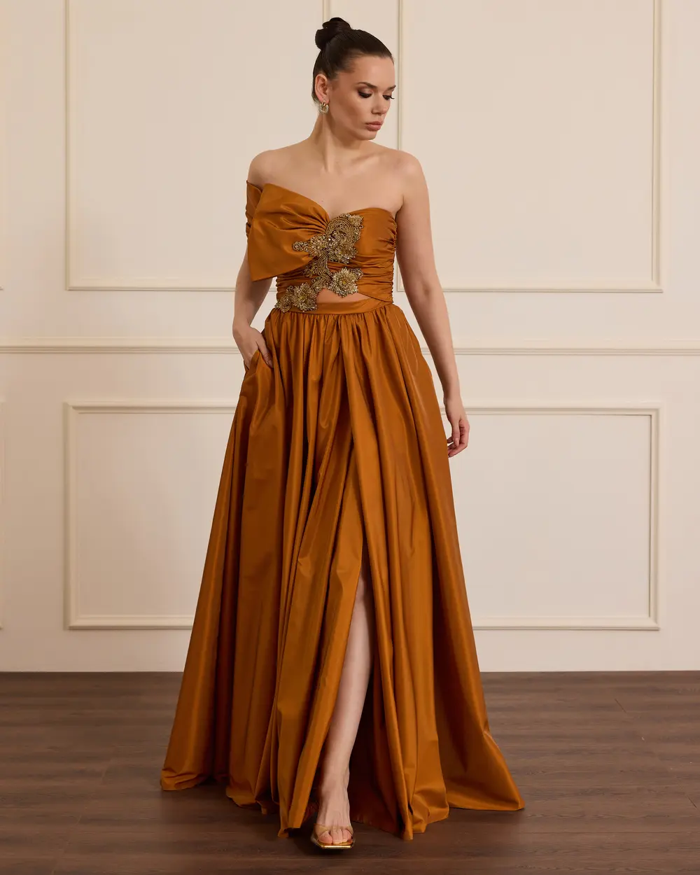 Embroidered Evening Dress with Slit Detail