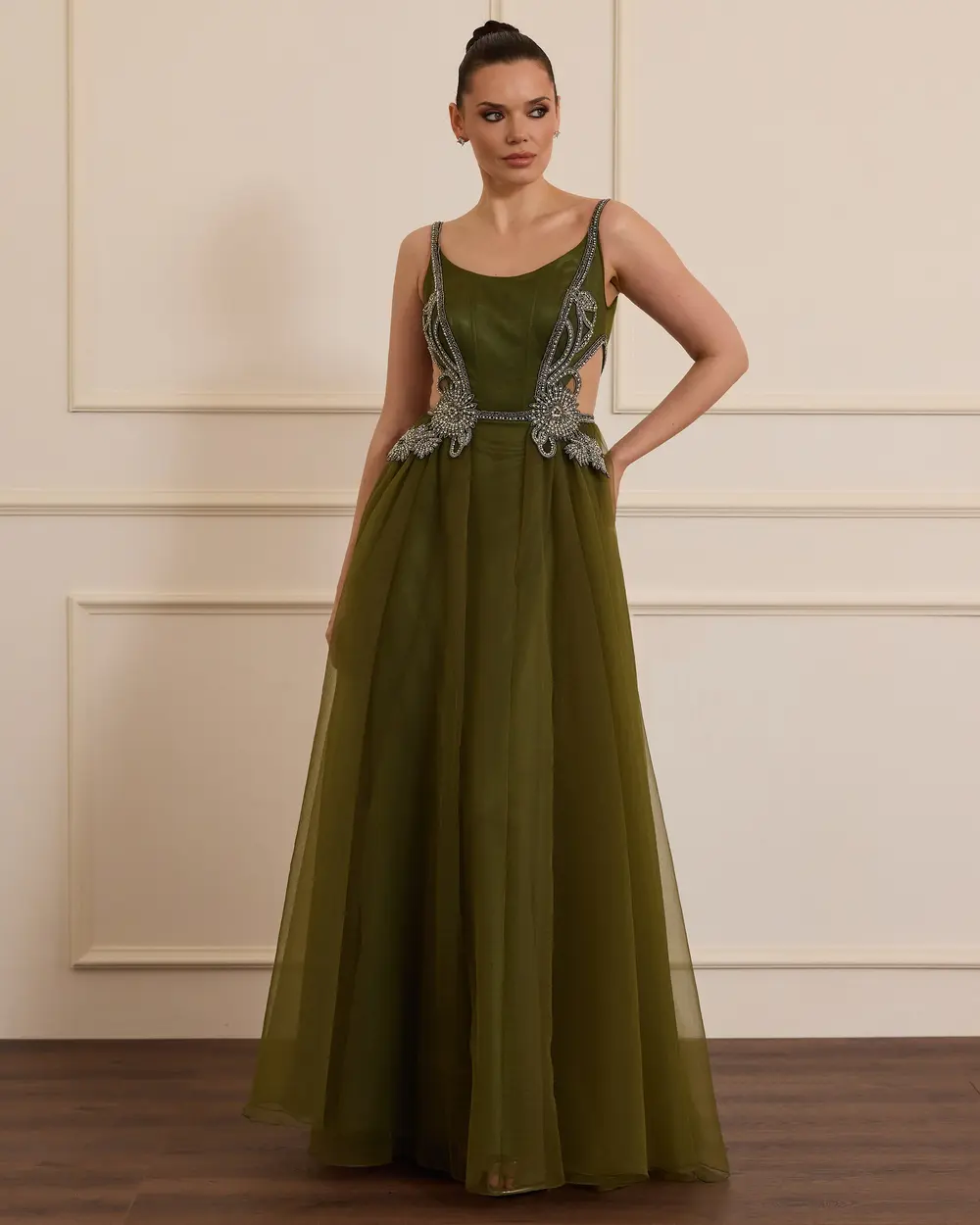 Stone Embroidered Evening Dress with Straps