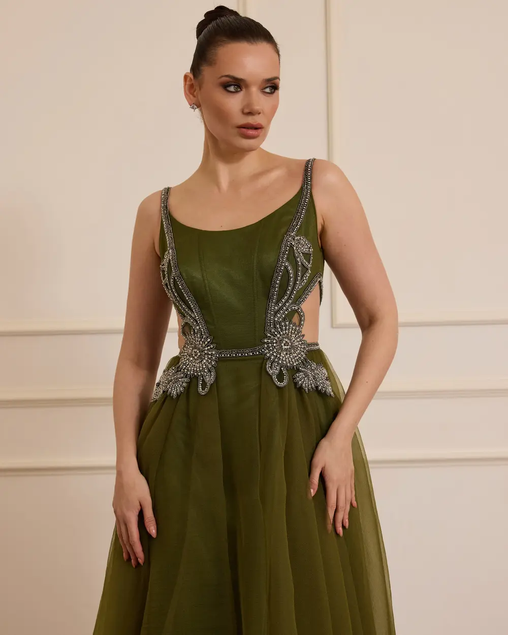 Stone Embroidered Evening Dress with Straps