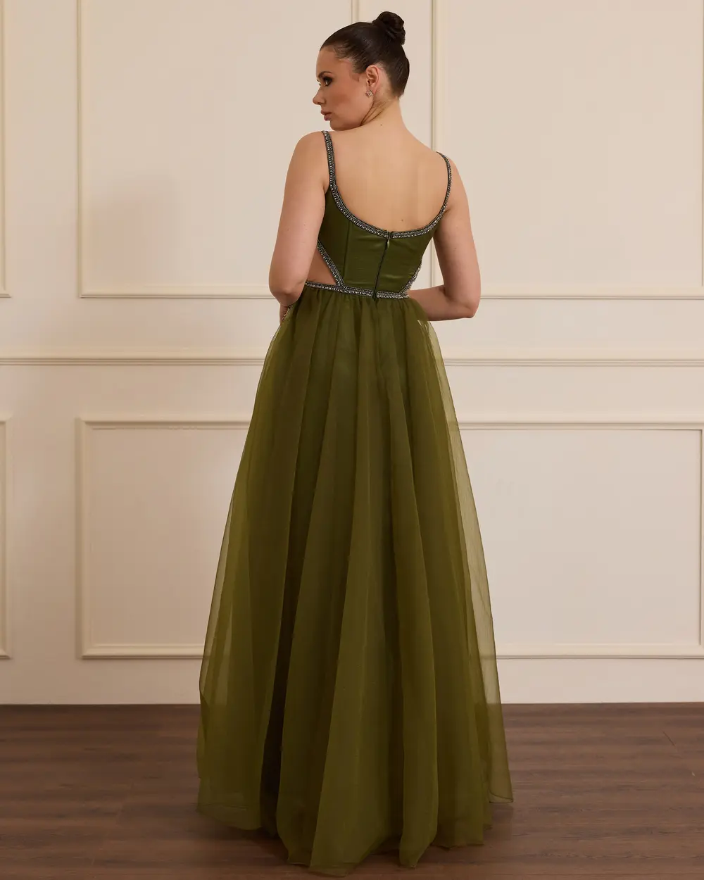 Stone Embroidered Evening Dress with Straps