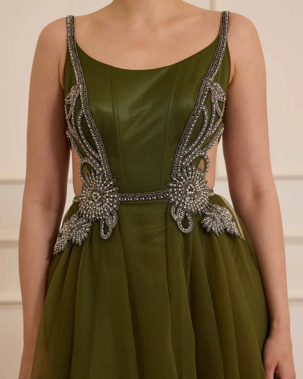 Stone Embroidered Evening Dress with Straps