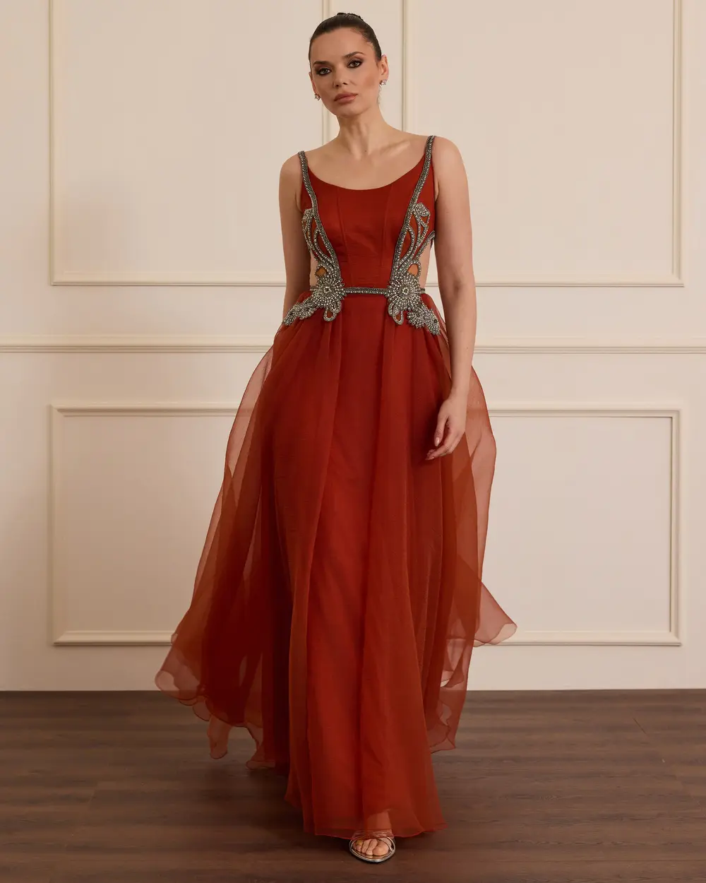 Stone Embroidered Evening Dress with Straps