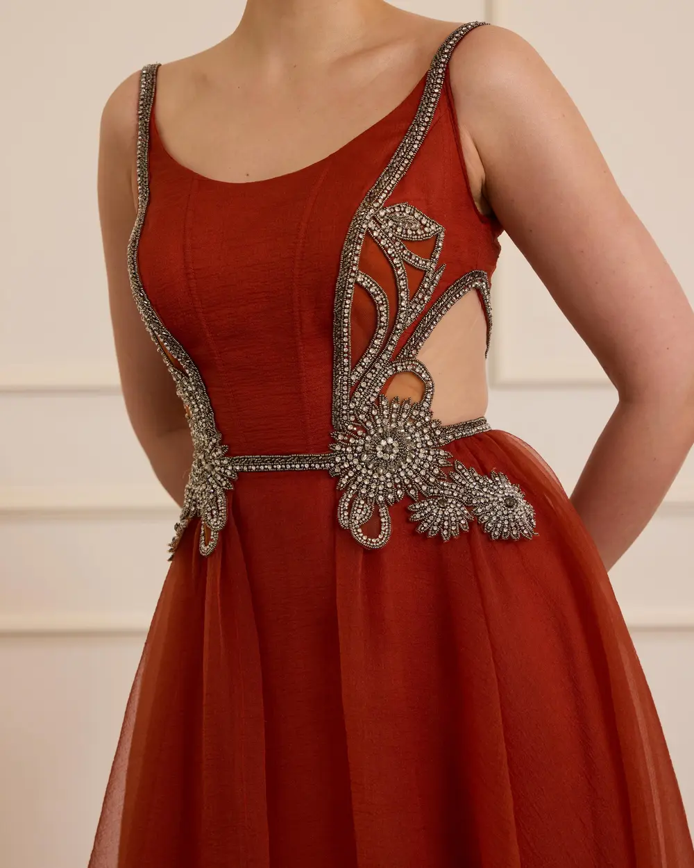 Stone Embroidered Evening Dress with Straps