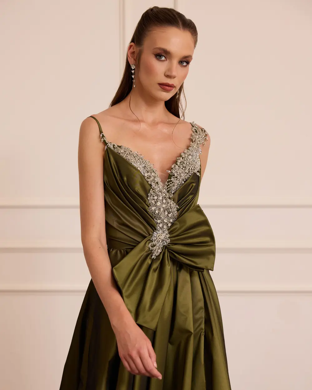 Strapless Evening Gown with Beaded Bow Detail