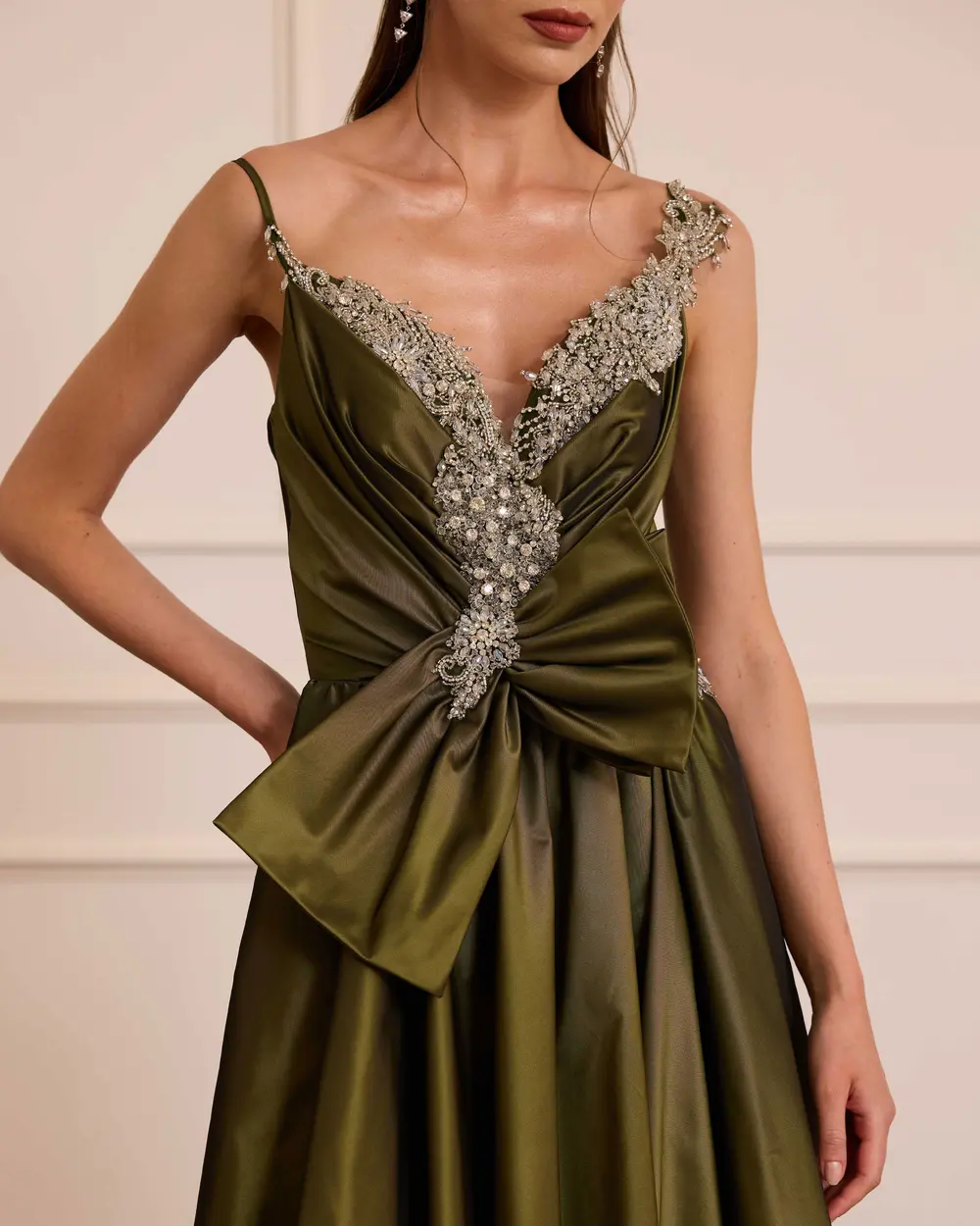 Strapless Evening Gown with Beaded Bow Detail