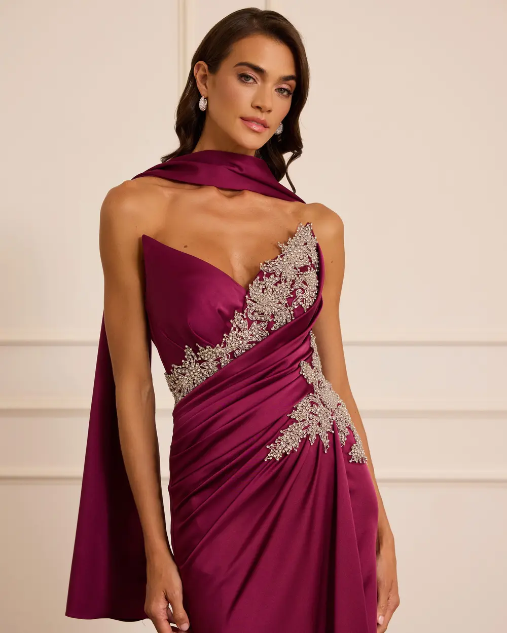 Taşlı Fular Detaylı Saten Abiye