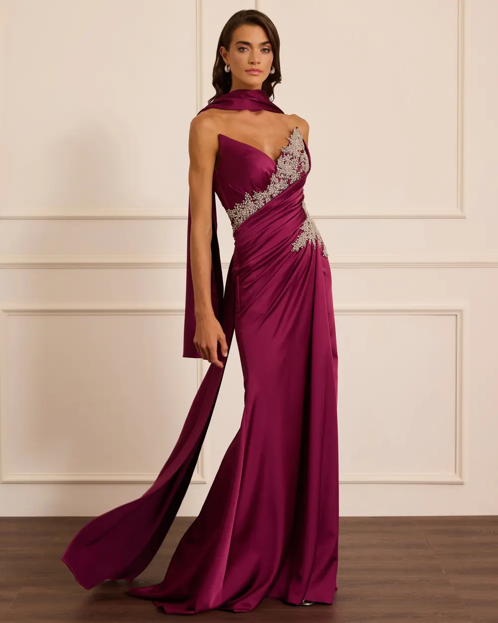 Taşlı Fular Detaylı Saten Abiye