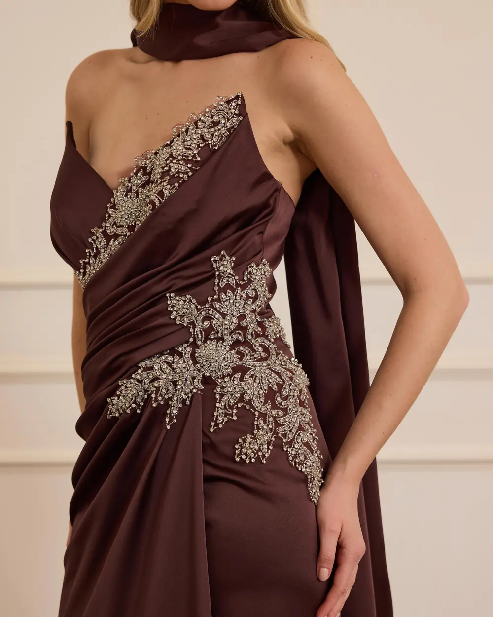 Taşlı Fular Detaylı Saten Abiye