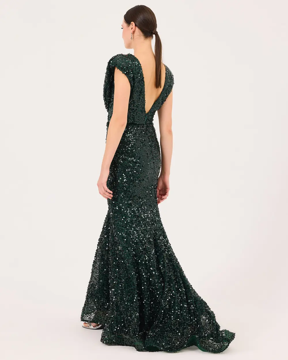V-Neck Draped Sequin Evening Dress