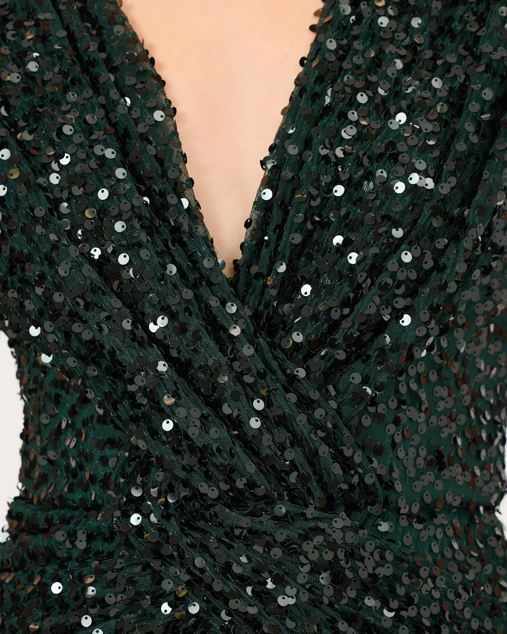 V-Neck Draped Sequin Evening Dress