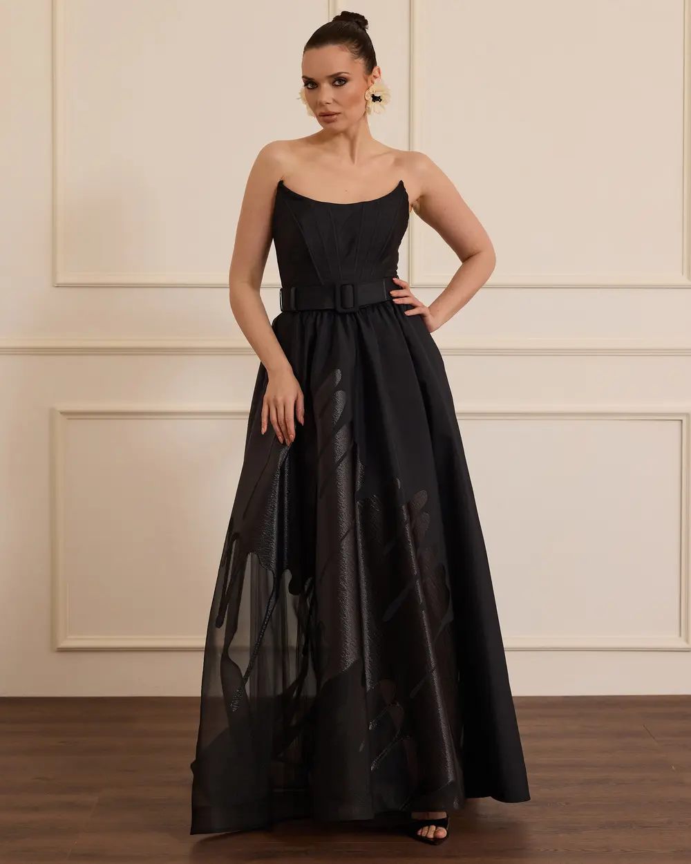 Swallow Neck Patterned Jacquard Evening Dress