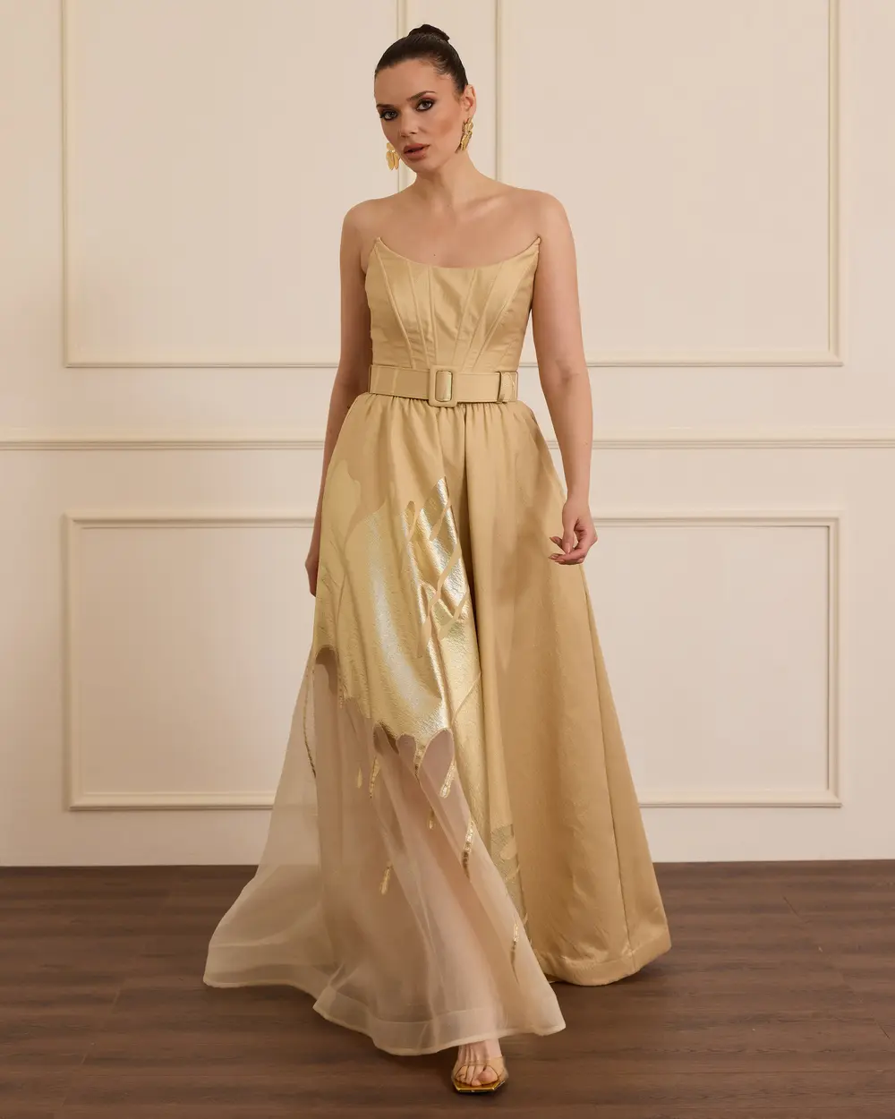 Swallow Neck Patterned Jacquard Evening Dress