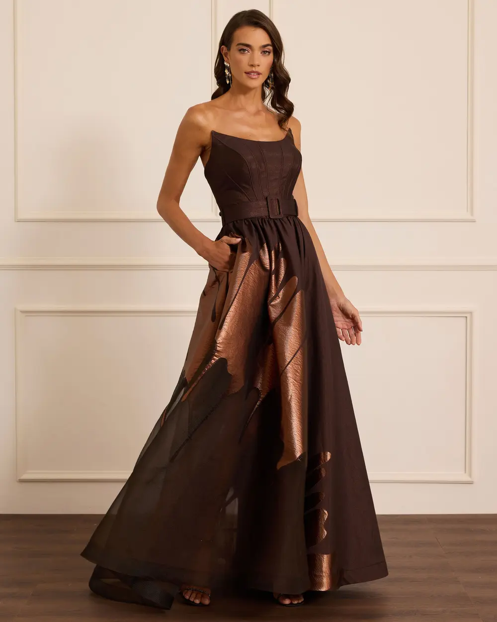 Swallow Neck Patterned Jacquard Evening Dress