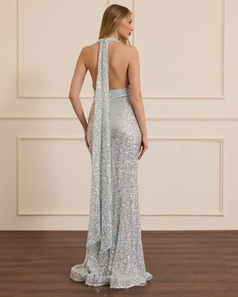 V Neck Back Decollete Sequin Evening Dress