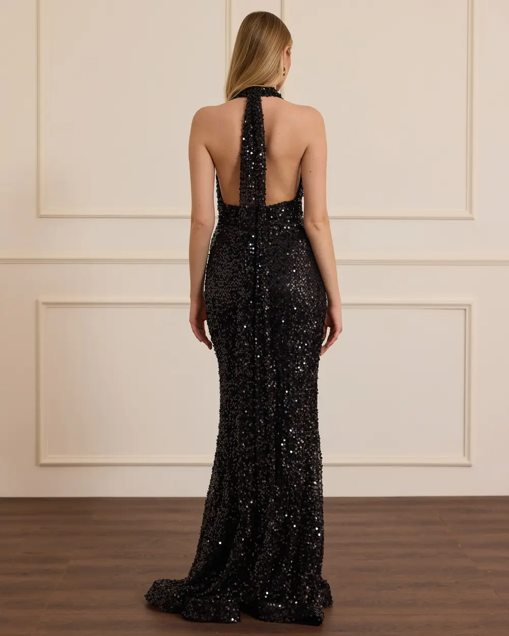 V Neck Back Decollete Sequin Evening Dress