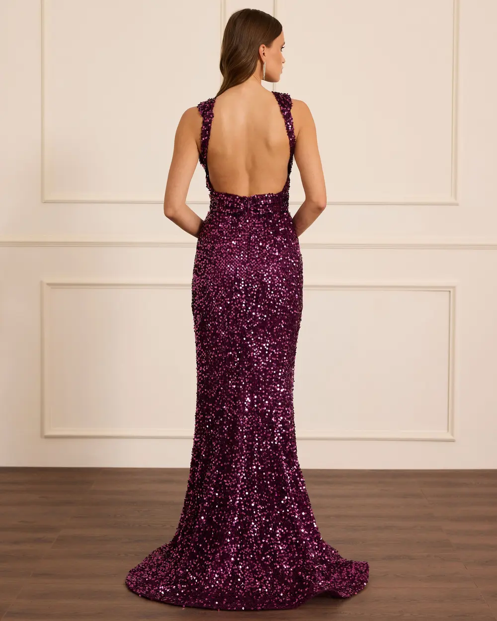 V Yaka Sırt Dekolteli Payet Abiye