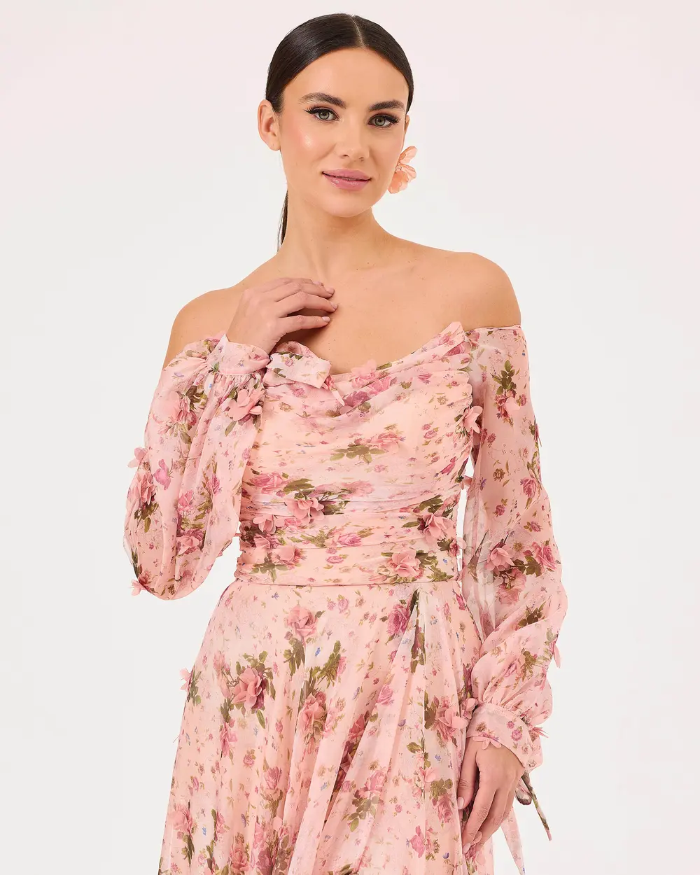 Flower Patterned Chiffon Evening Dress with Detachable Sleeves