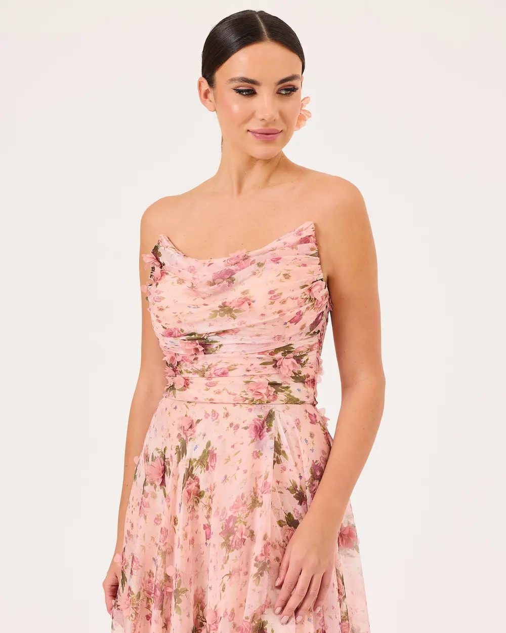 Flower Patterned Chiffon Evening Dress with Detachable Sleeves